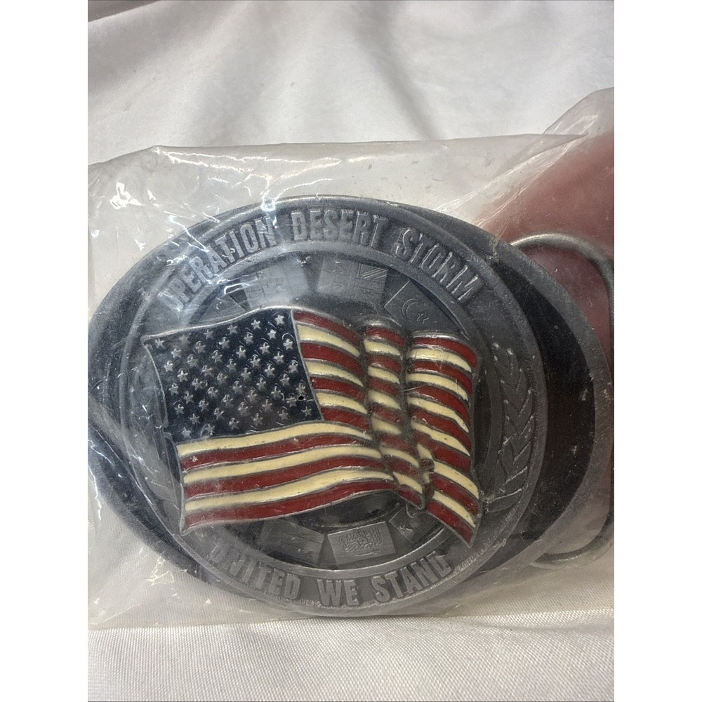 Bergamot Pewter Enamel DESERT STORM AMERICAN FLAG VET VINTAGE BELT BUCKLE MINT